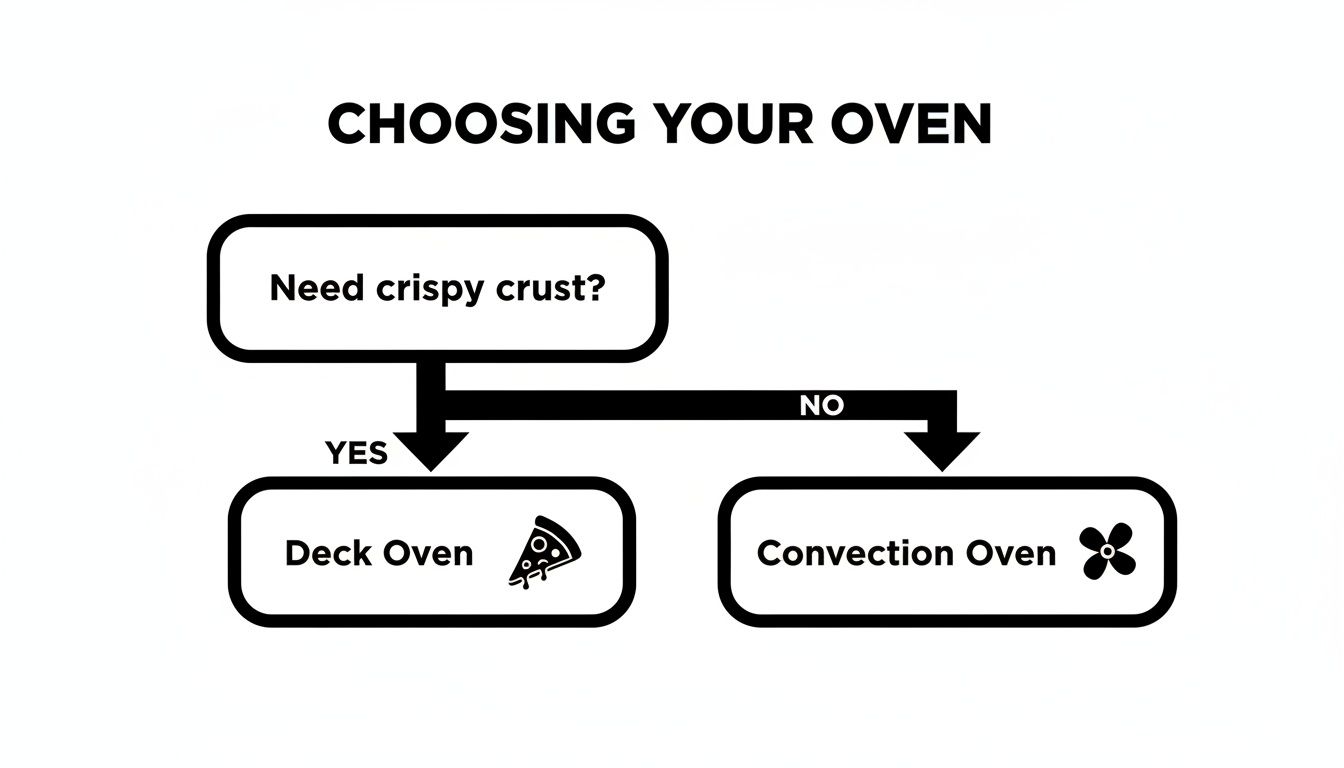 A decision flowchart for choosing an oven: Deck Oven for crispy crust, Convection Oven otherwise.