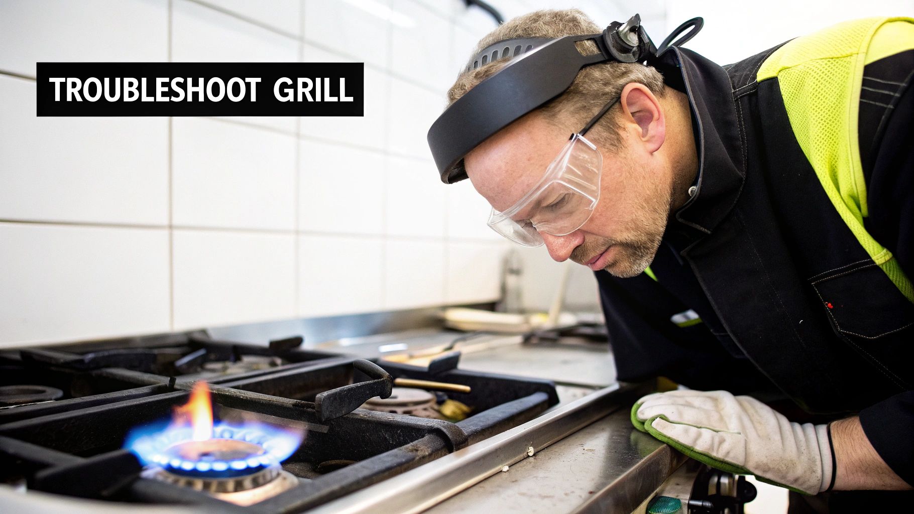 A close-up shot of blue flames coming from the burners of a commercial gas grill, indicating proper function.