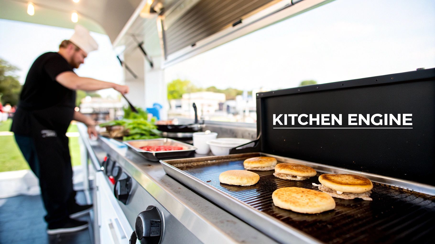 A chef cooking burger buns and preparing fresh ingredients on a grill in an outdoor food truck kitchen.