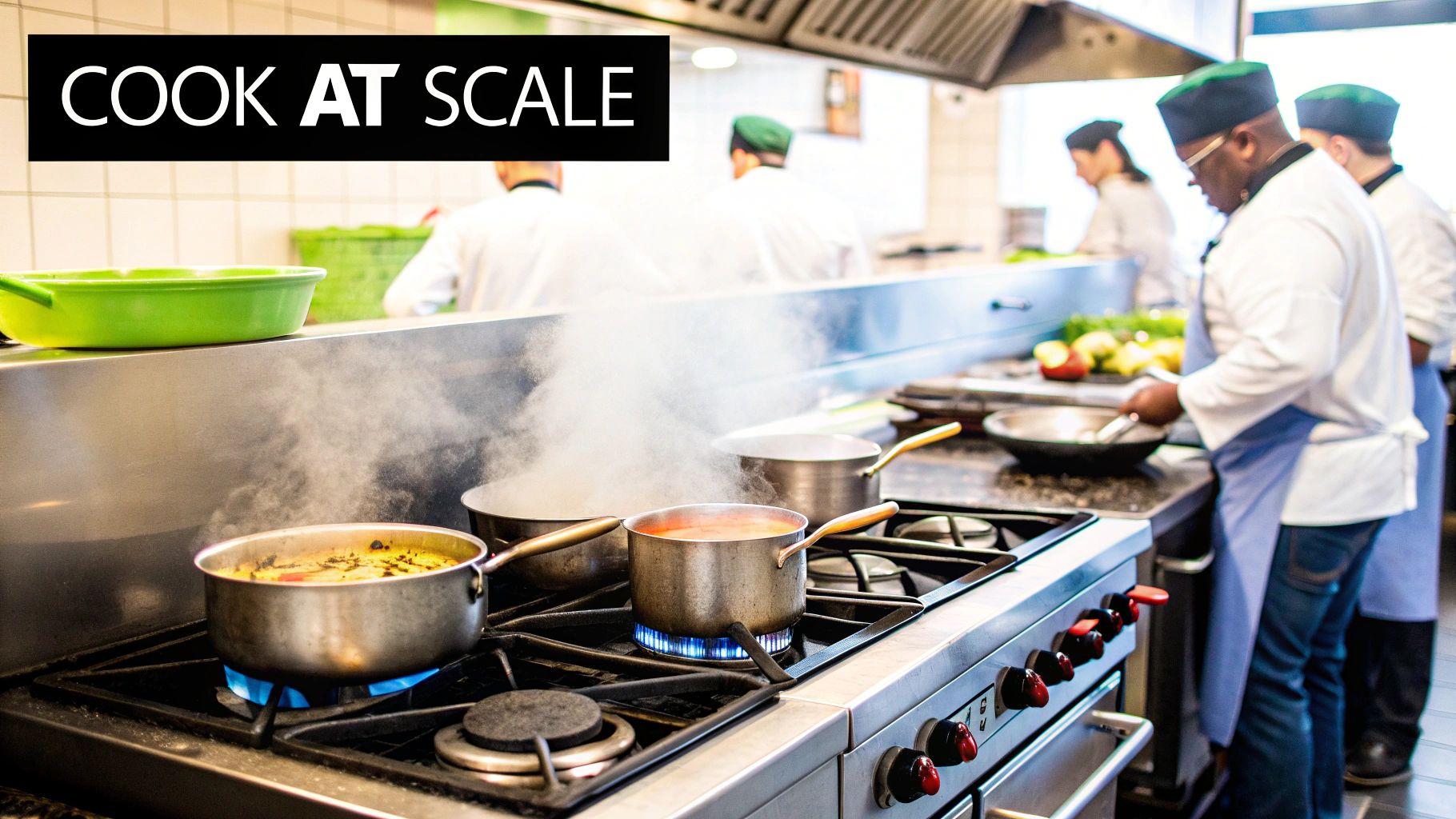 A full commercial kitchen line with various cooking equipment