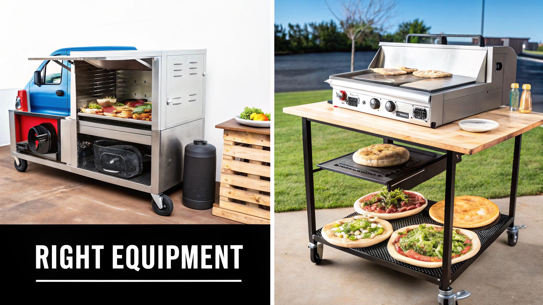 Two commercial kitchen setups: a mobile food truck for BBQ and an outdoor griddle station with pizzas.