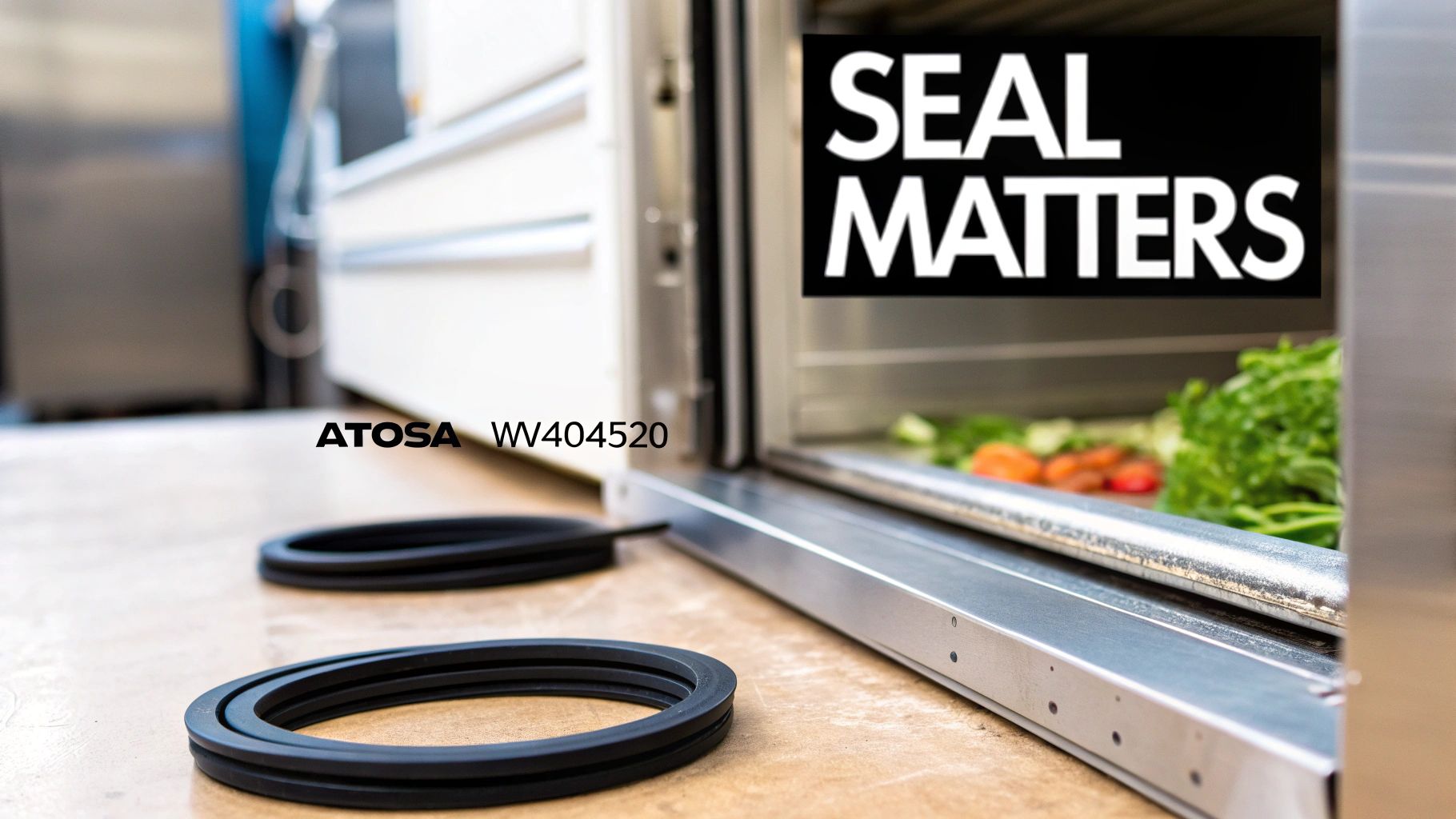 A close-up of a new black Atosa USA W0404520 door gasket installed on a stainless steel commercial refrigerator door.