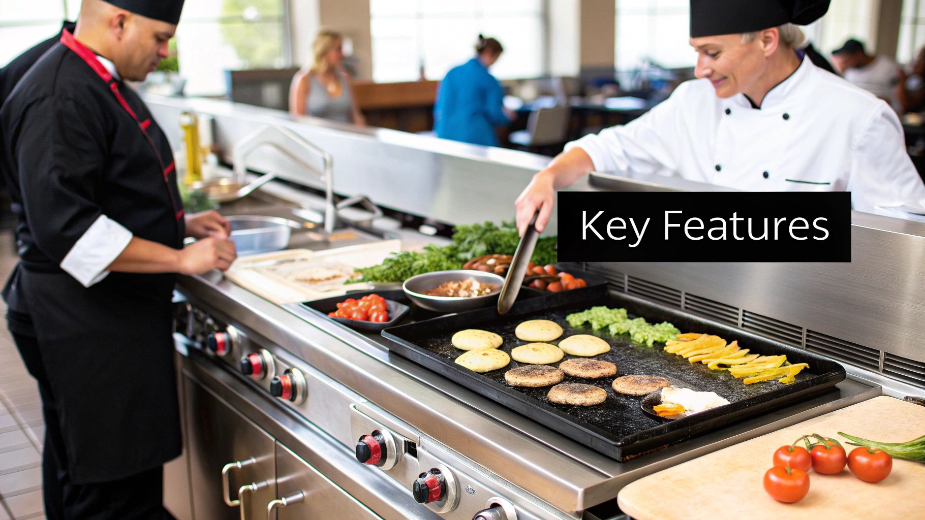 A chef expertly cooking burgers on a large, stainless steel 48-inch thermostatic gas griddle in a busy commercial kitchen.