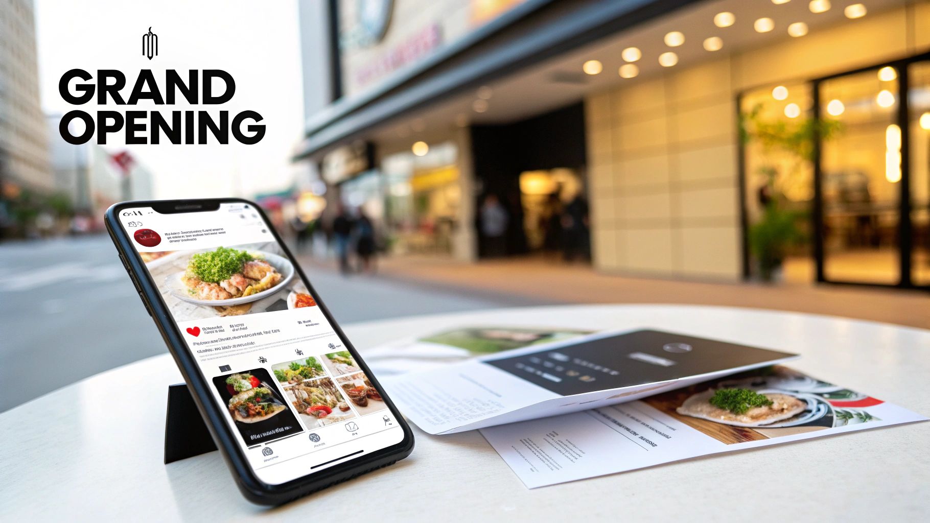 A smartphone displaying a food app and restaurant menu brochure on a table outside a grand opening restaurant.