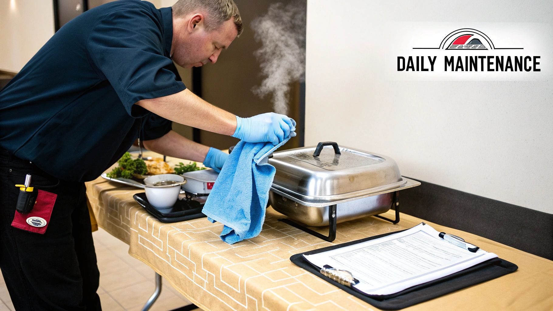A man in blue gloves and a dark shirt cleaning a food buffet table with a towel, steam rising.
