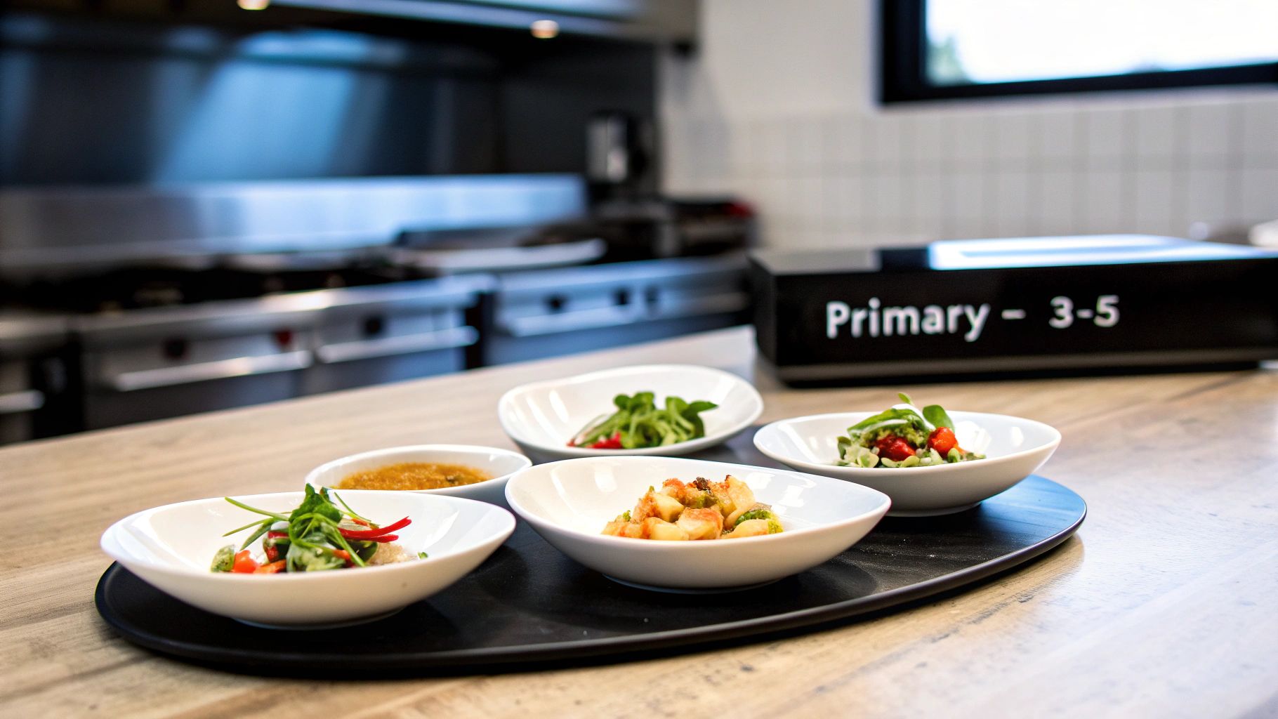 Various small bowls of healthy food presented on a black tray in a commercial kitchen.