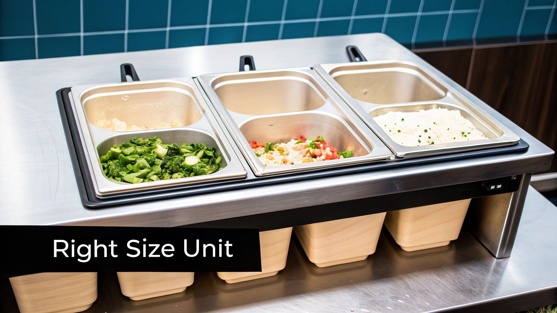 A stainless steel food serving unit on a counter, displaying various prepared dishes like rice and vegetables.