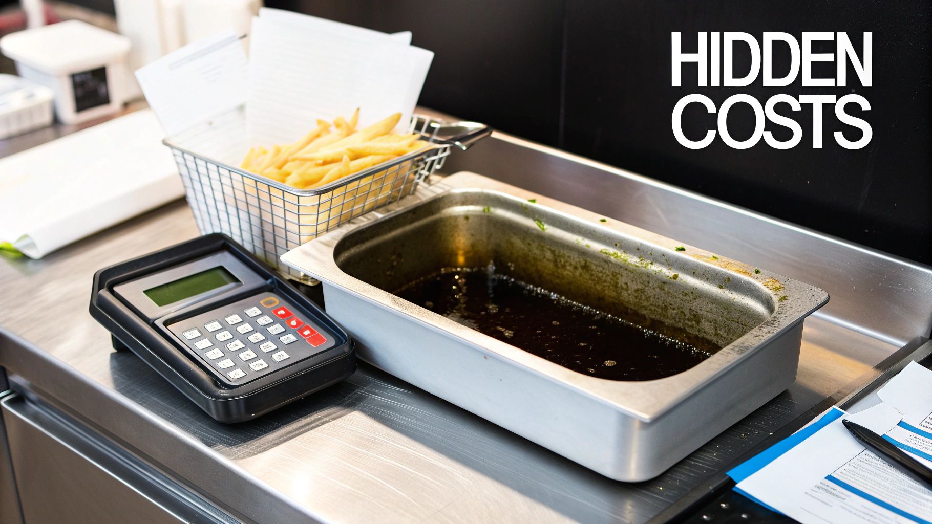 Commercial kitchen counter with a basket of fries, dirty deep fryer oil, payment terminal, and 'HIDDEN COSTS' text.