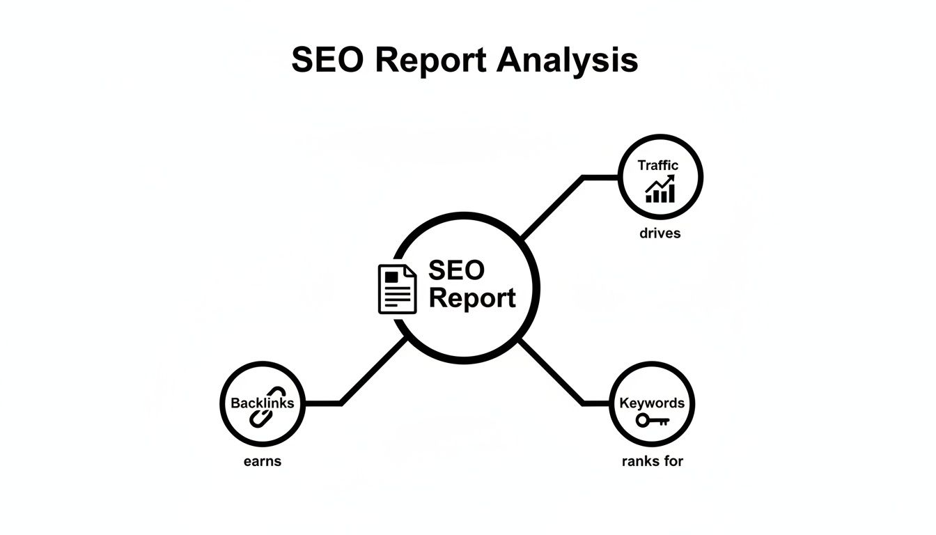 A diagram illustrating SEO Report analysis, showing how an SEO report drives traffic, earns backlinks, and ranks for keywords.