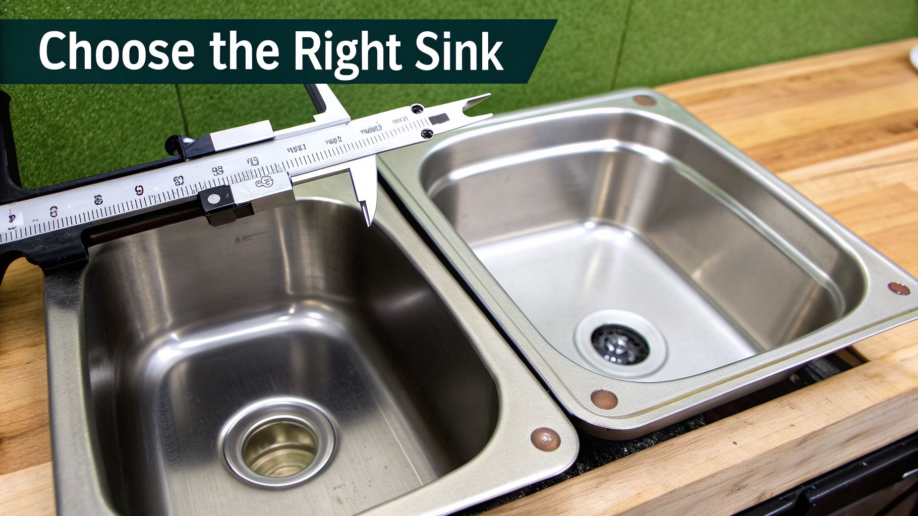 A close-up of two stainless steel sinks on a wooden countertop with a measuring caliper, highlighting the text 'Choose the Right Sink'.
