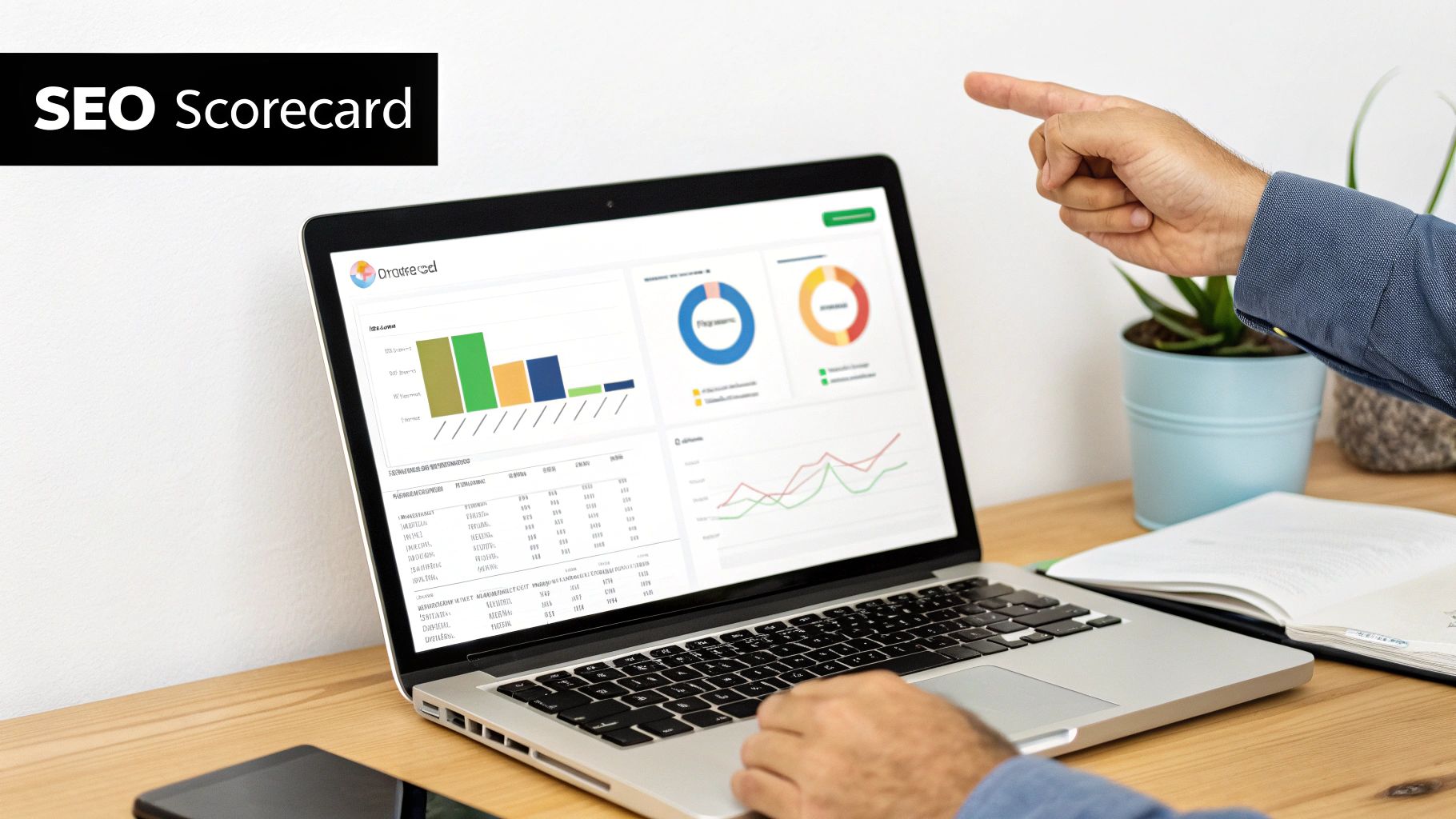 A hand pointing at a laptop screen displaying an SEO scorecard with various charts and data.