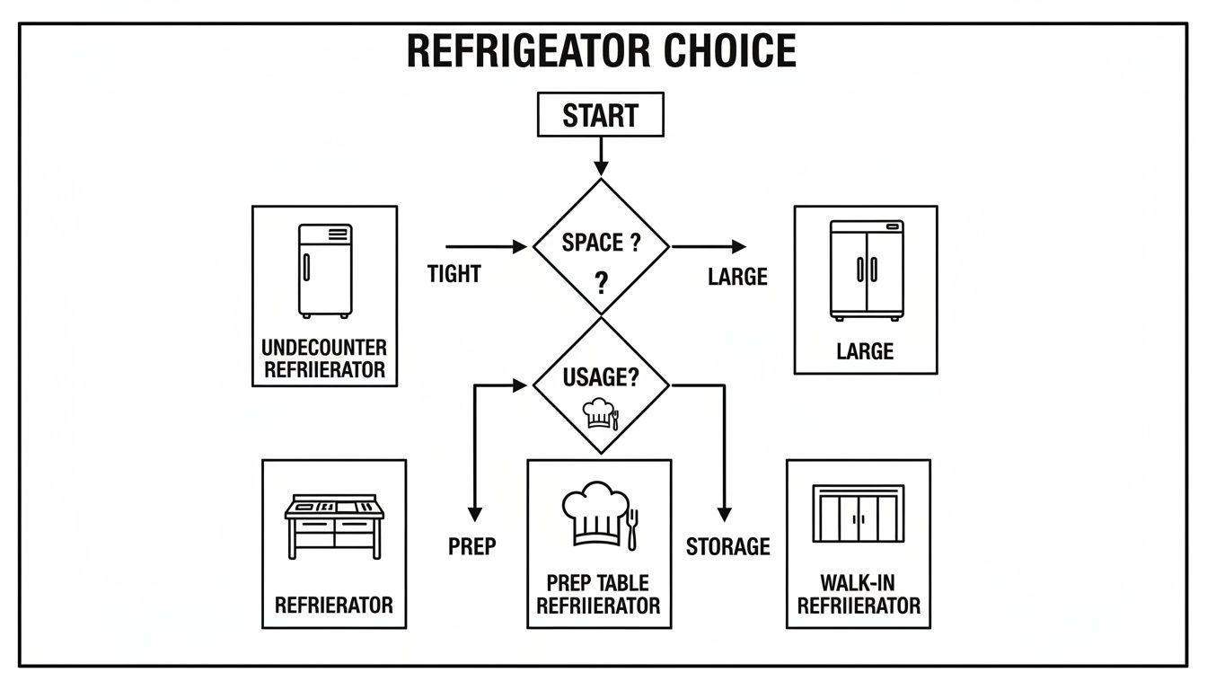 Flowchart for commercial refrigerator selection based on space and usage requirements.
