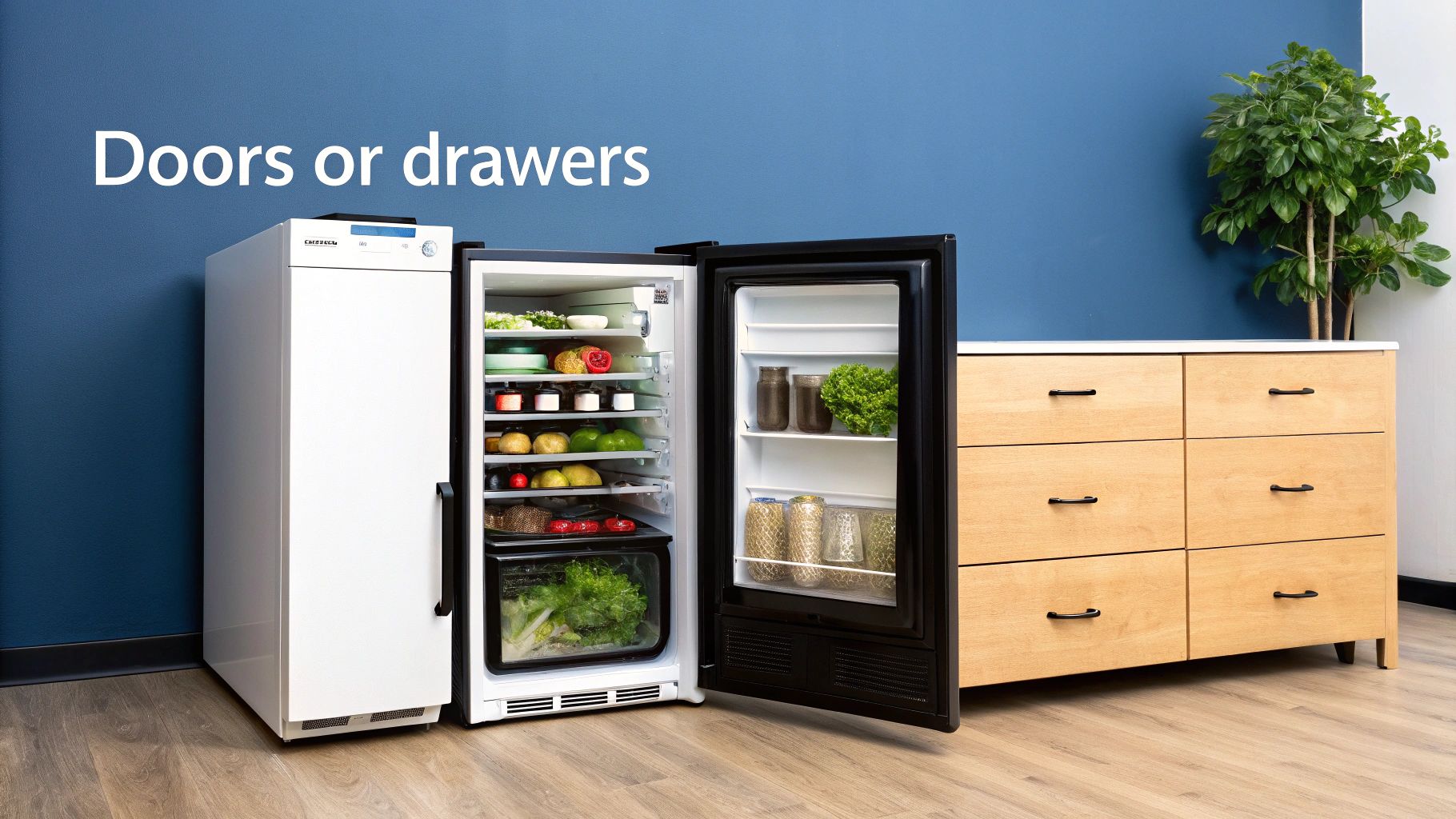 Two modern refrigerators, one white and one black, display food and drinks inside, next to a light wood dresser.