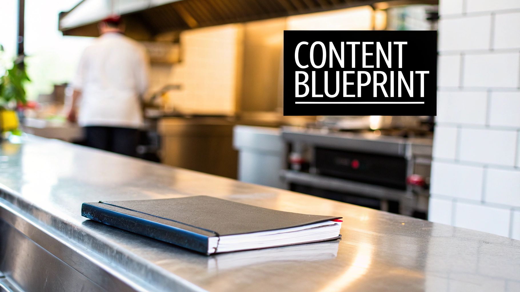 Black notebook on a shiny kitchen counter with 'CONTENT BLUEPRINT' text overlay and blurred chef.