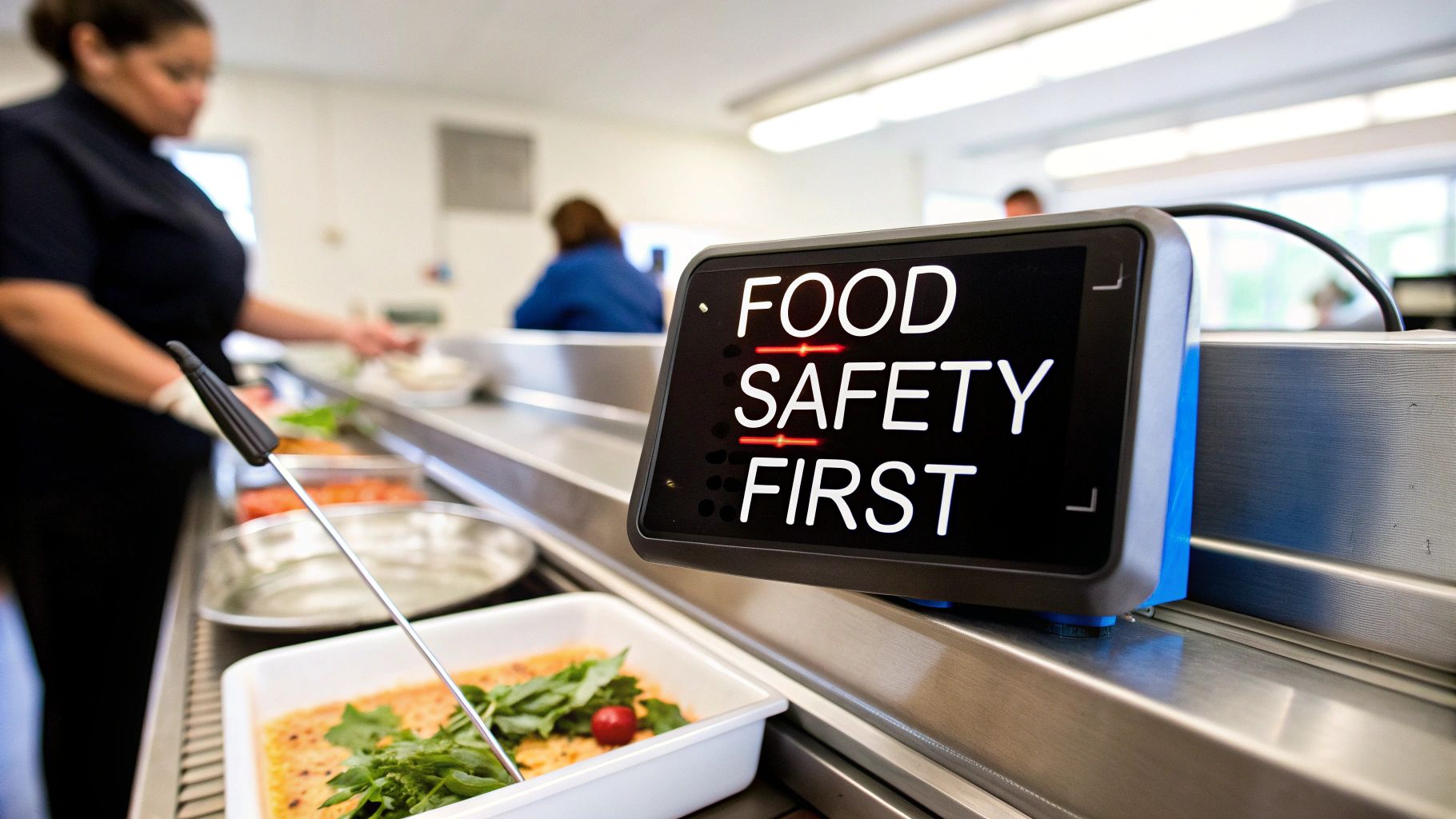 A prominent 'FOOD SAFETY FIRST' sign displayed on a hot food counter in a bustling cafeteria.