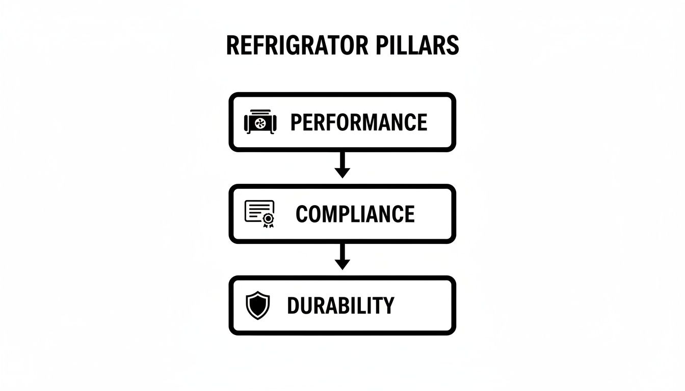 A flowchart illustrating the three core pillars for refrigerators: Performance, Compliance, and Durability.