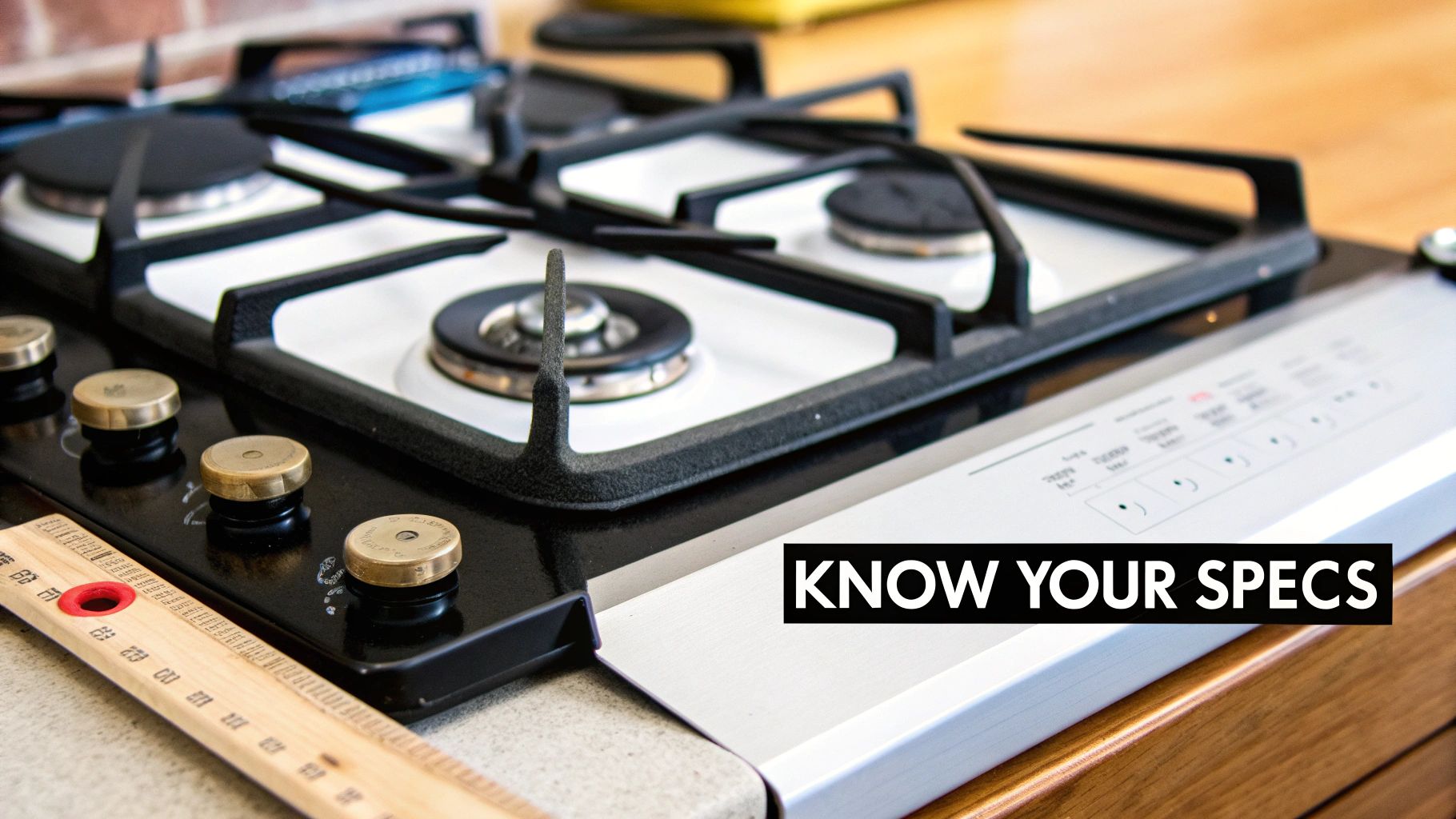A close-up of a gas cooktop with four burners, brass control knobs, and a ruler for measuring specifications.