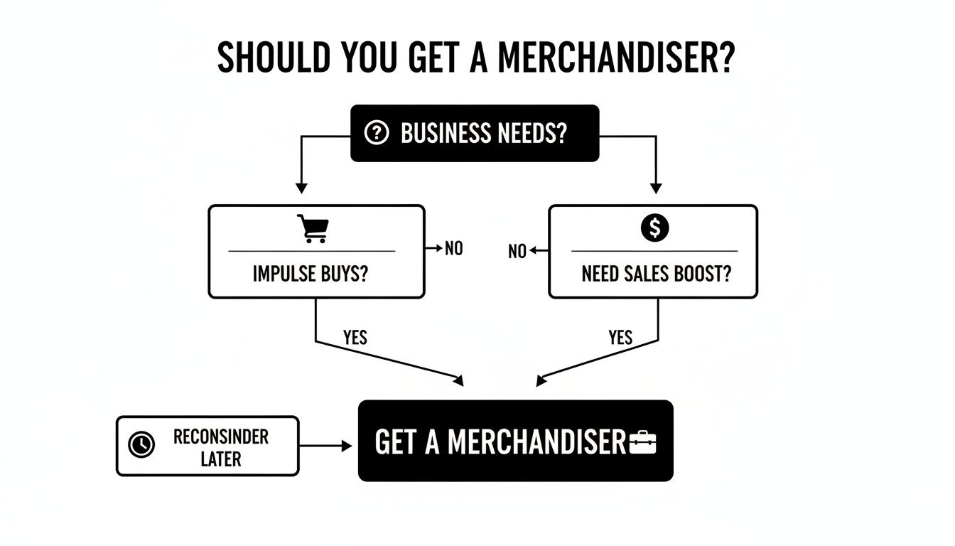 Flowchart determining if a business needs a merchandiser based on impulse buys and sales boost.