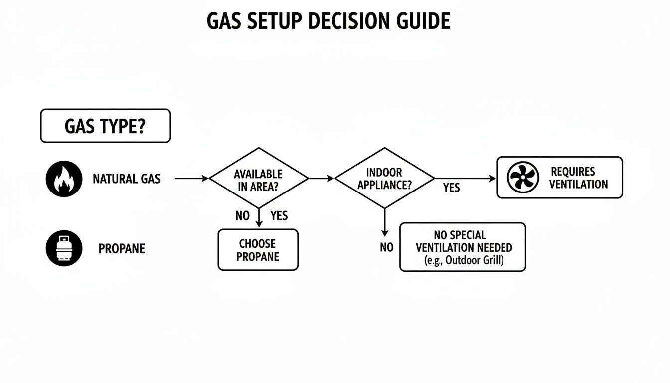 A gas setup decision guide flowchart illustrating choices between natural gas and propane based on availability and appliance location, detailing ventilation needs.