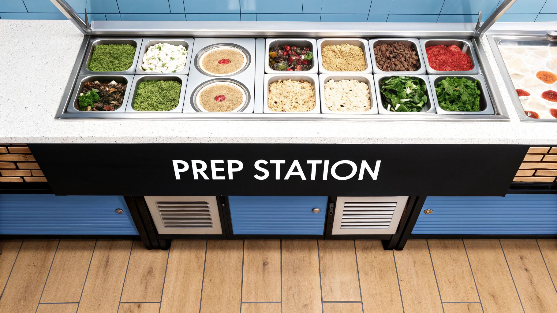 A chef preparing a pizza on a specialized stainless steel prep table with built-in refrigerated compartments for toppings.