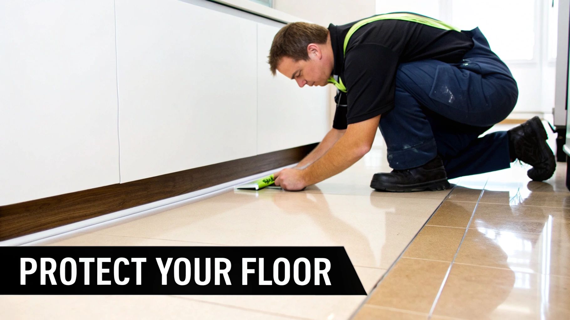 A man kneels on a tiled floor, using a green tool to install or clean under white kitchen cabinets.