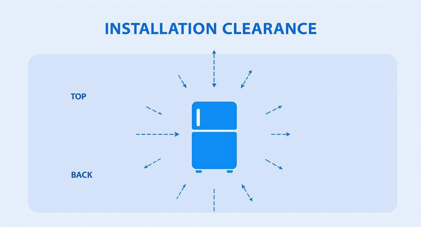 Installation clearance diagram showing required space around refrigerator from all sides including top and back