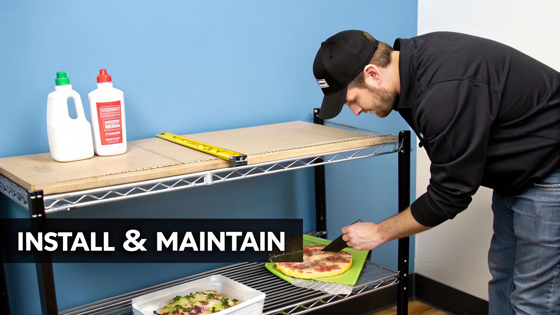 A restaurant worker carefully wiping down a brand-new stainless steel replacement freezer shelf in a pizza prep table.