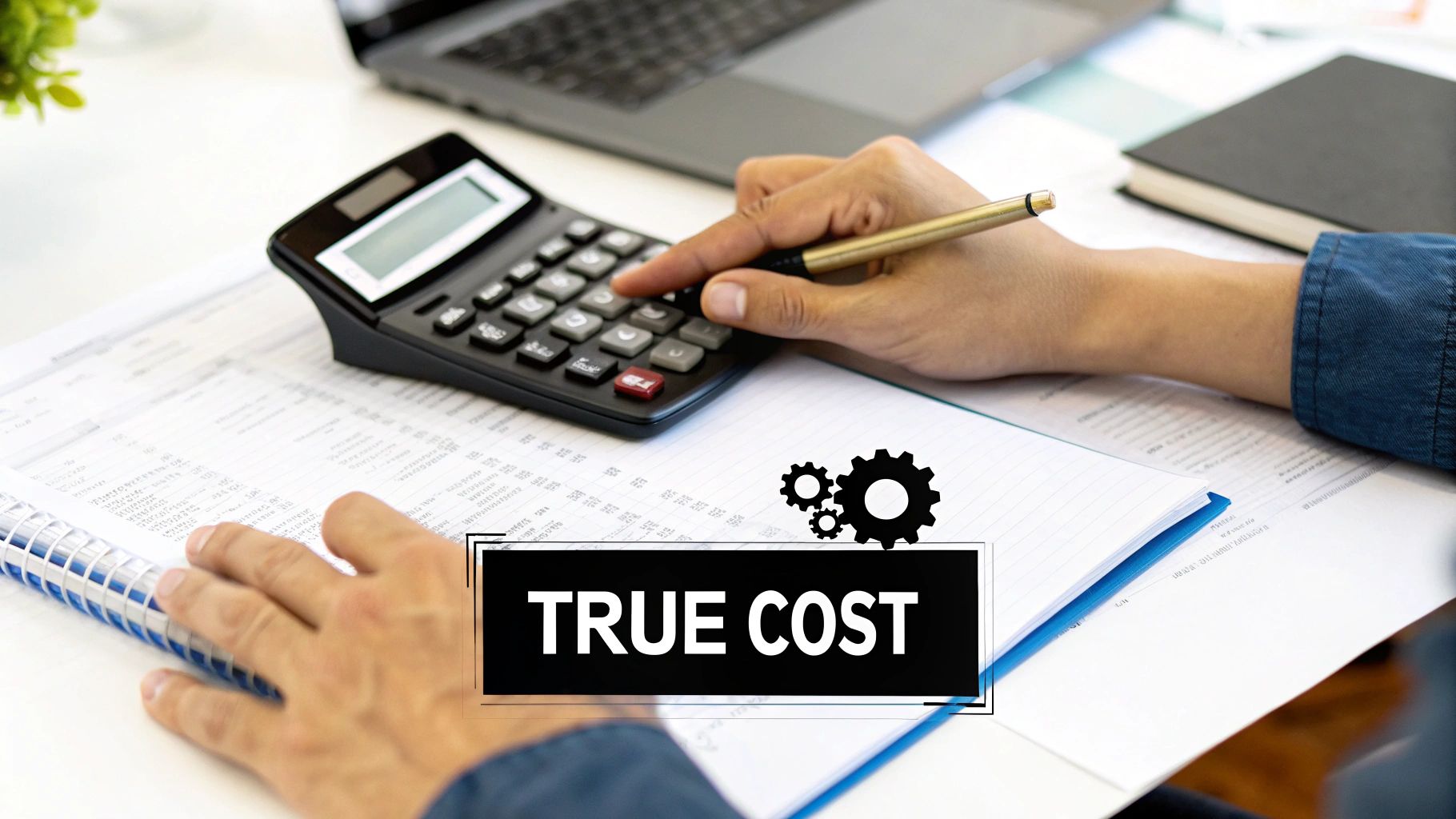 Hands using a calculator on financial documents, with "TRUE COST" text and gear icons overlay.