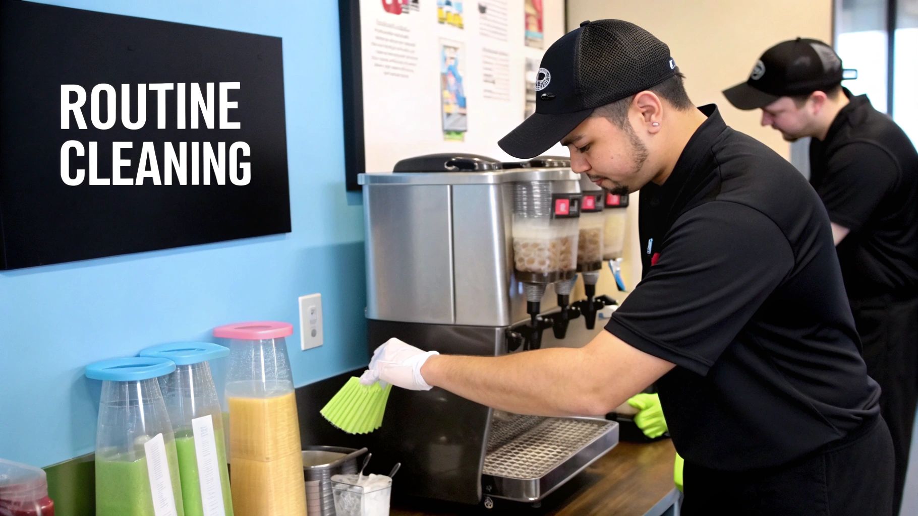 Two men in a beverage shop, one cleaning a drink dispenser, with a 'ROUTINE CLEANING' sign.