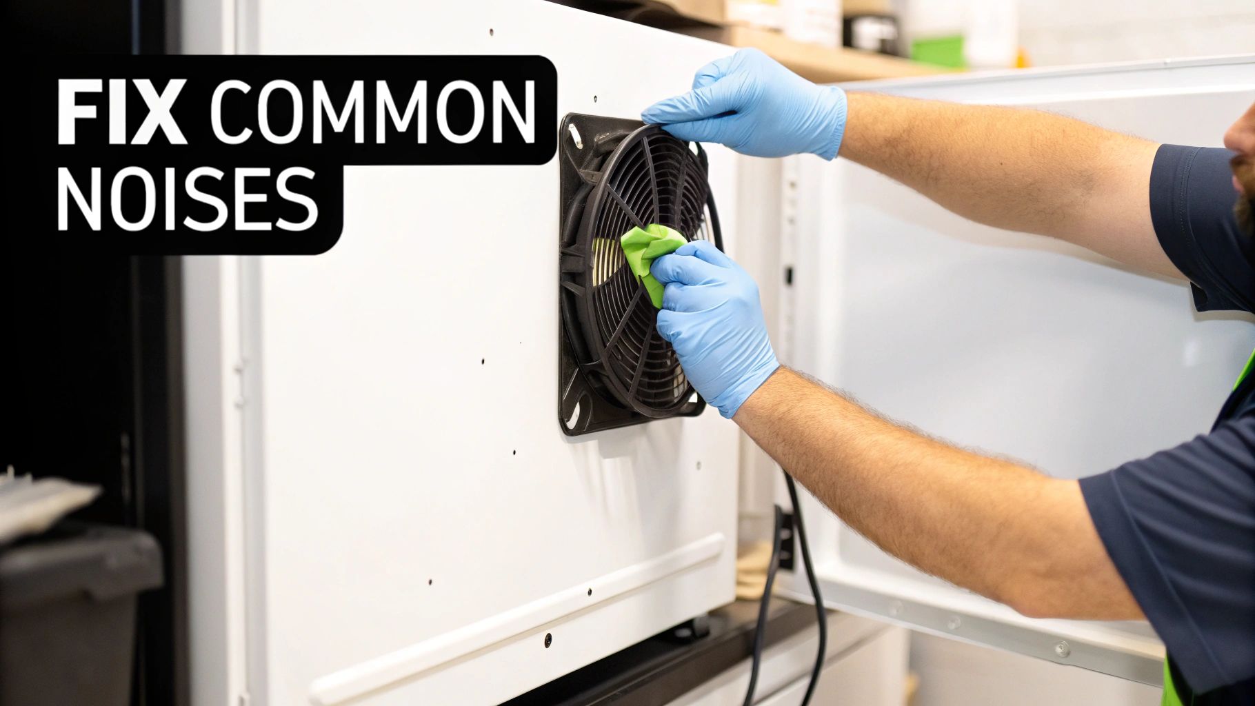 A person in blue gloves cleans a refrigerator fan grill with a green cloth to fix common noises.