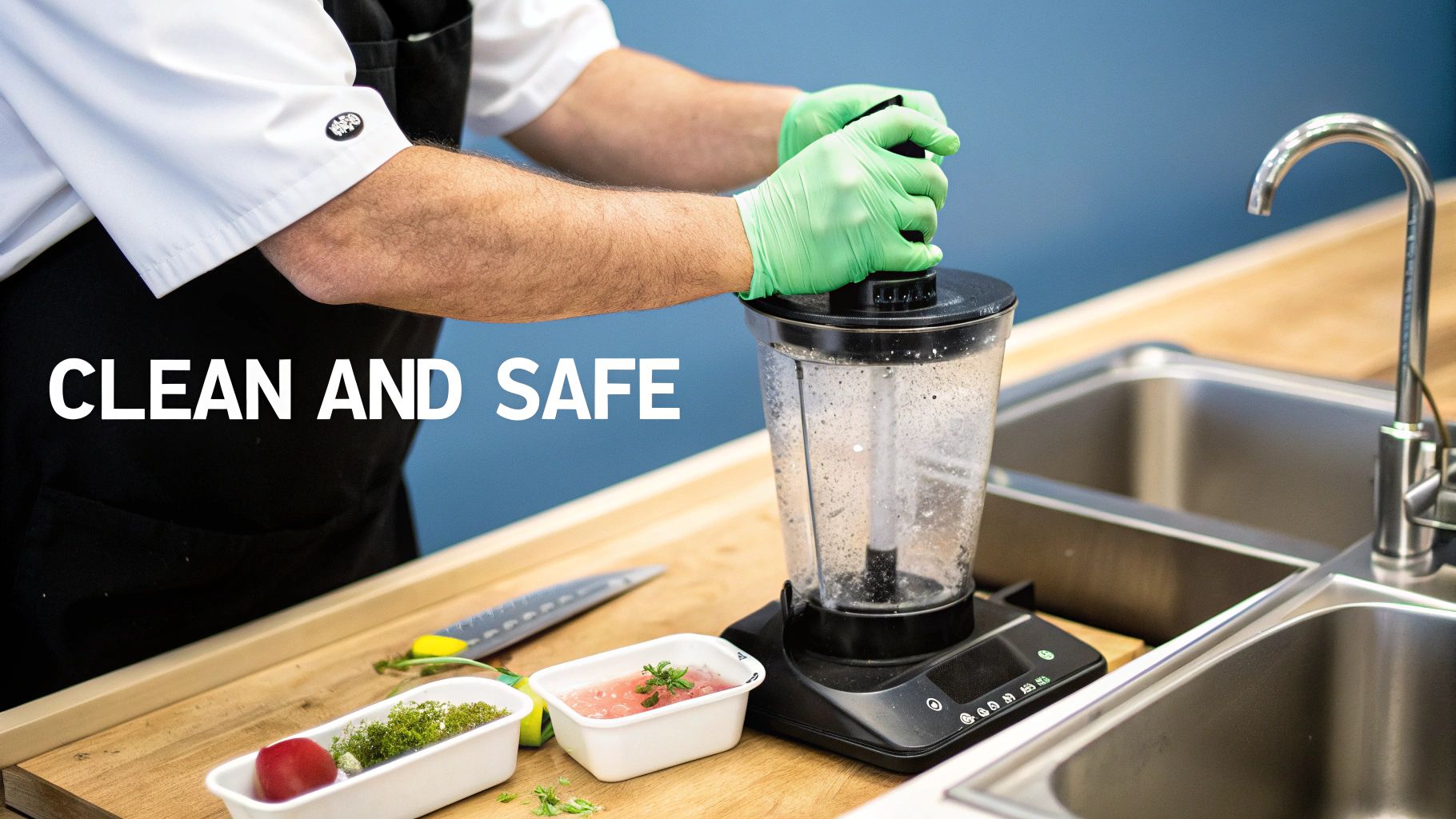 Chef in green gloves blending ingredients in a commercial kitchen, highlighting clean and safe practices.
