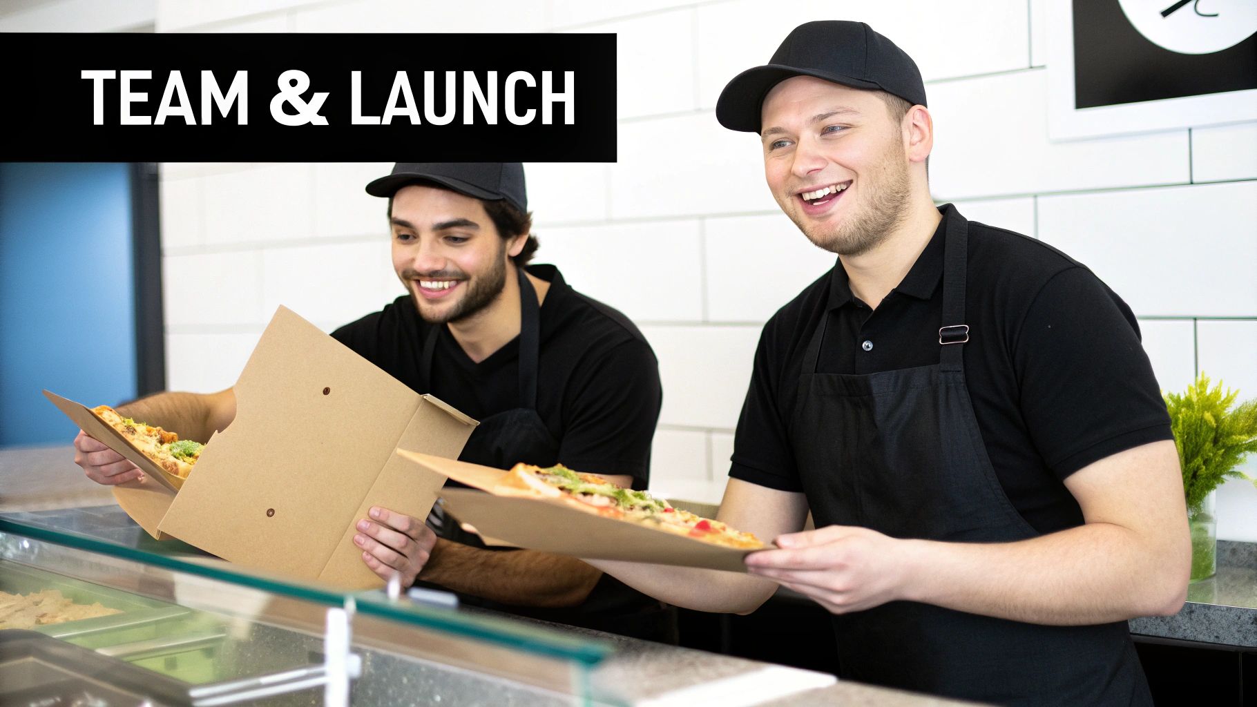 Happy staff packing fresh pizzas into takeout boxes at a modern food counter.