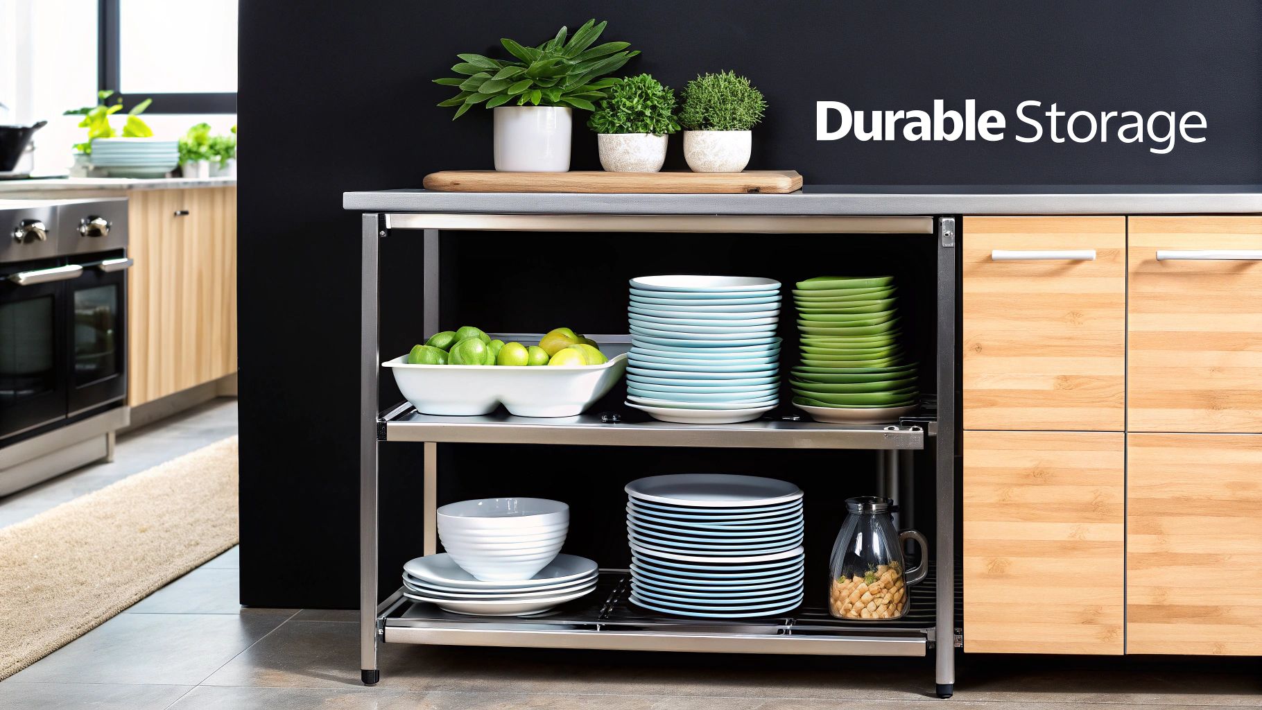 A well-organized commercial kitchen featuring multiple stainless steel shelf units holding various supplies and equipment.