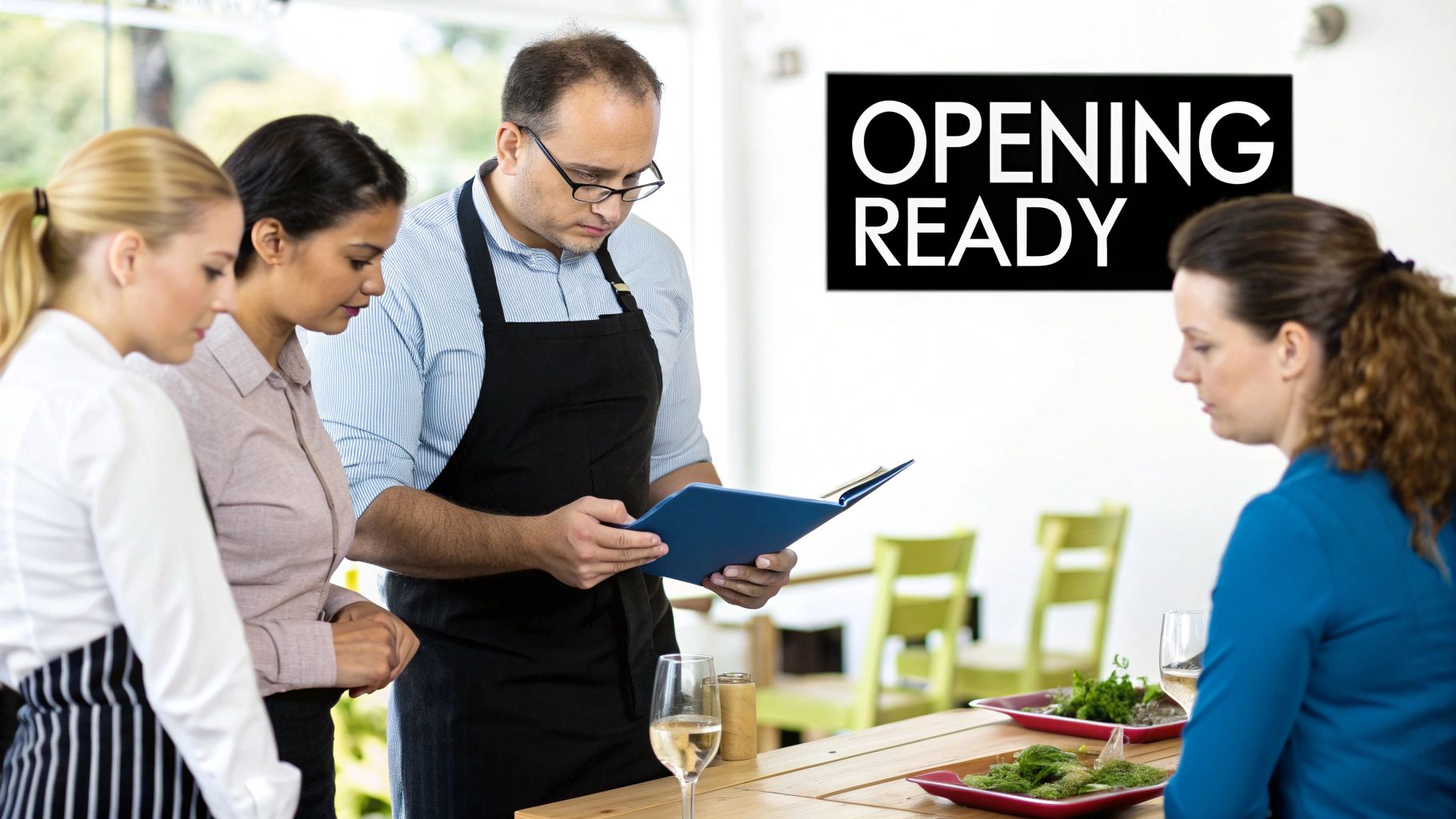 Restaurant staff and manager reviewing documents before the grand opening, with a customer visible.