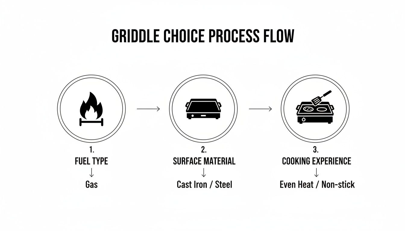 A Griddle Choice Process Flow diagram showing steps: Fuel Type, Surface Material, and Cooking Experience.