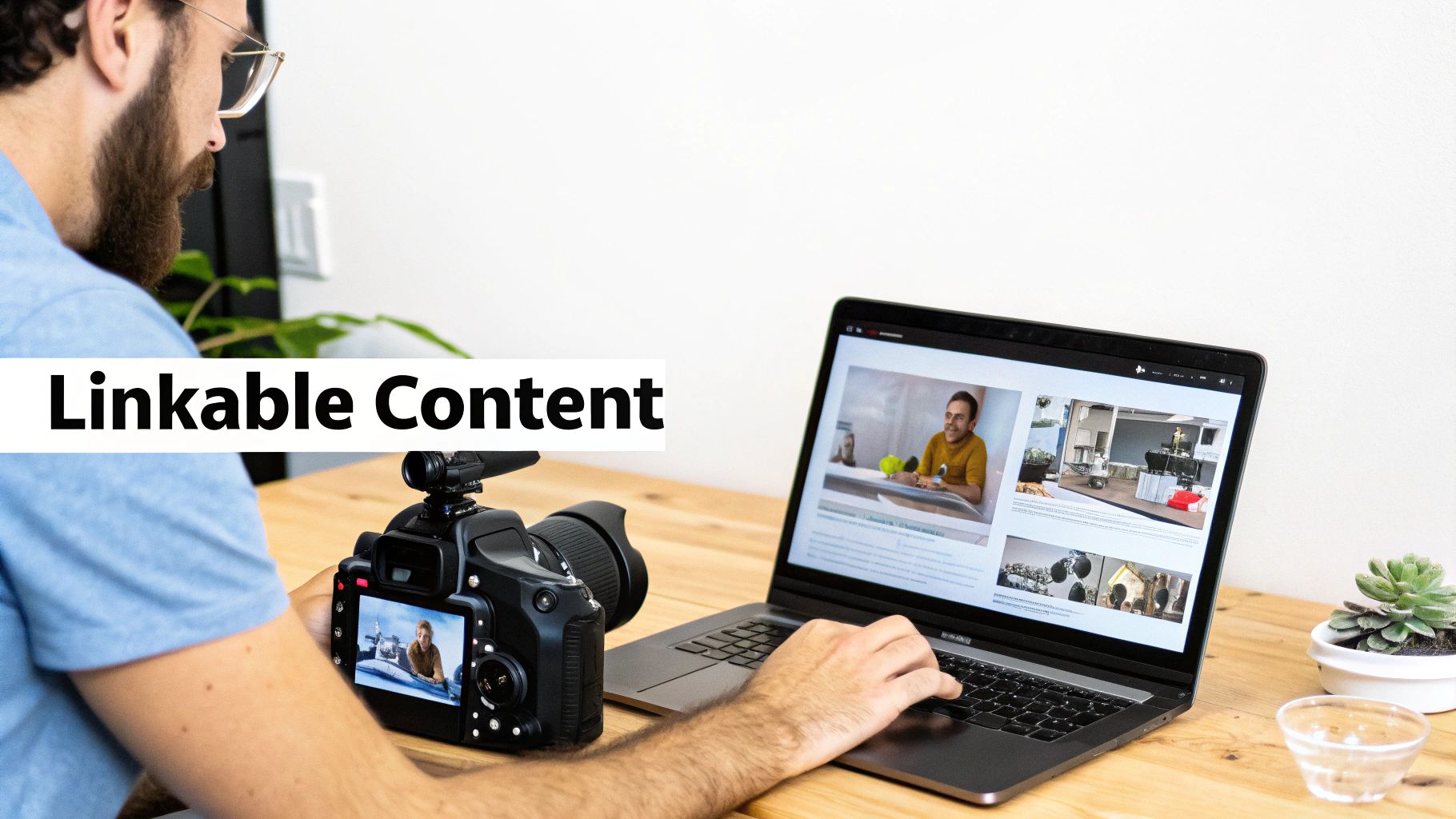 A man reviews linkable content on a laptop while holding a professional camera, focused on creation.