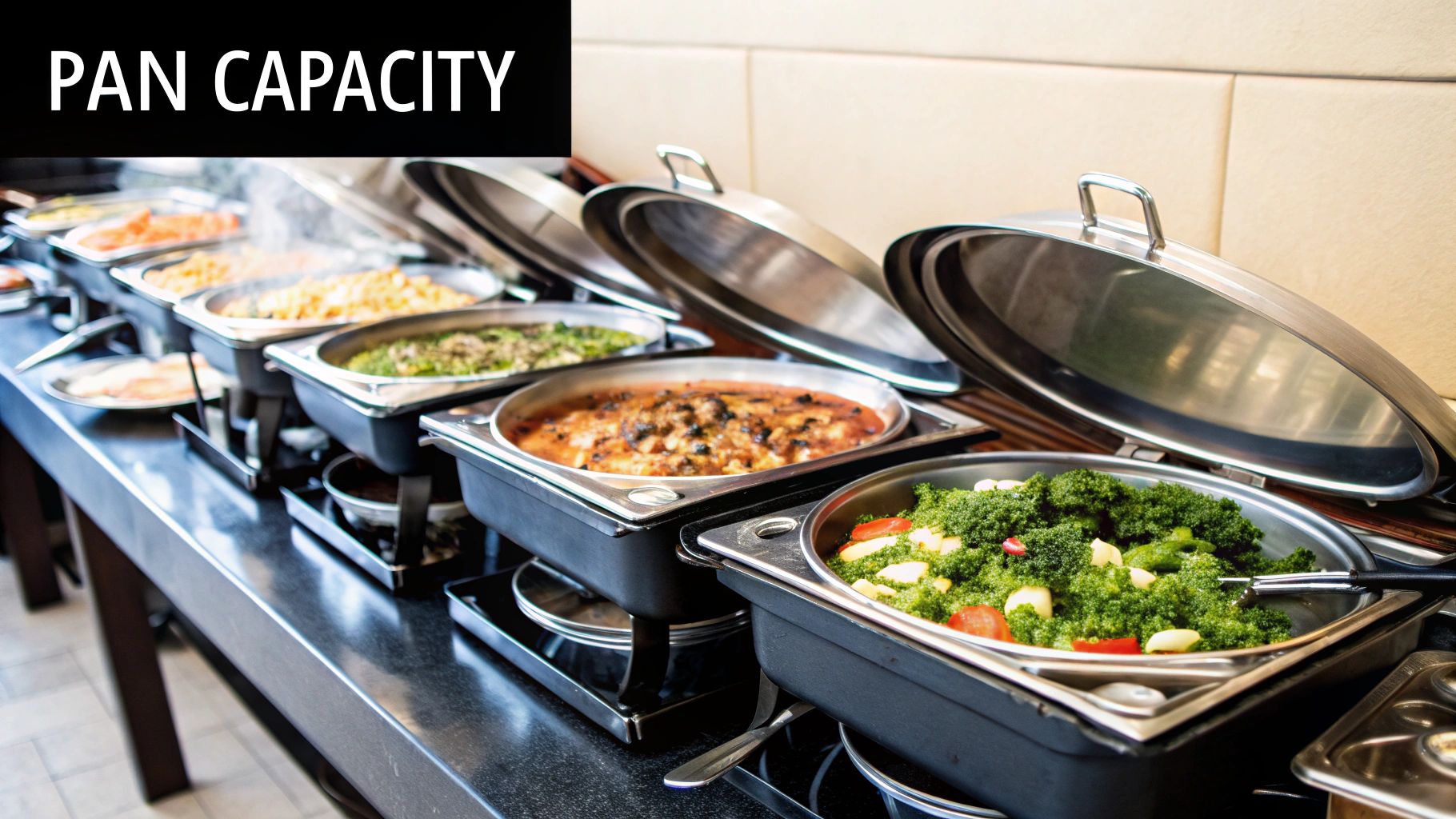 A stack of hotel pans of varying depths, from shallow to deep, on a stainless steel shelf.
