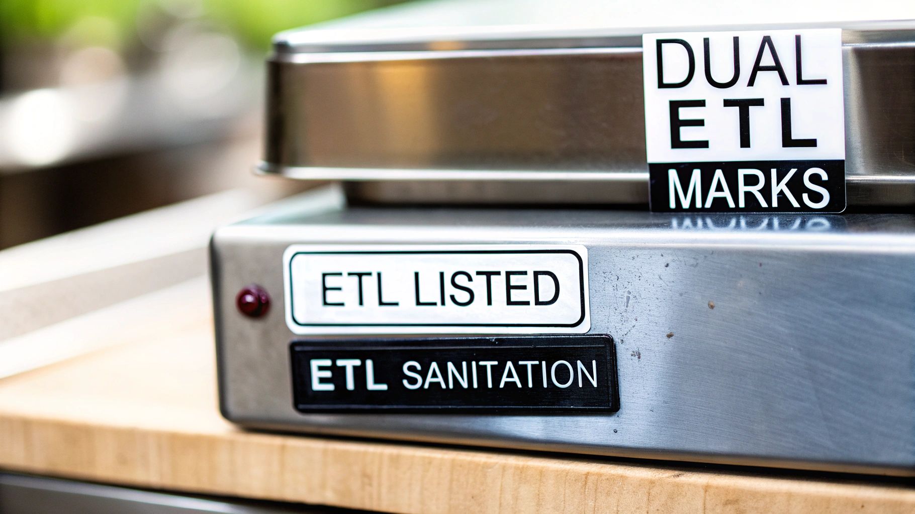 Close-up of a silver appliance showing 'ETL Listed', 'ETL Sanitation', and 'Dual ETL Marks' labels.