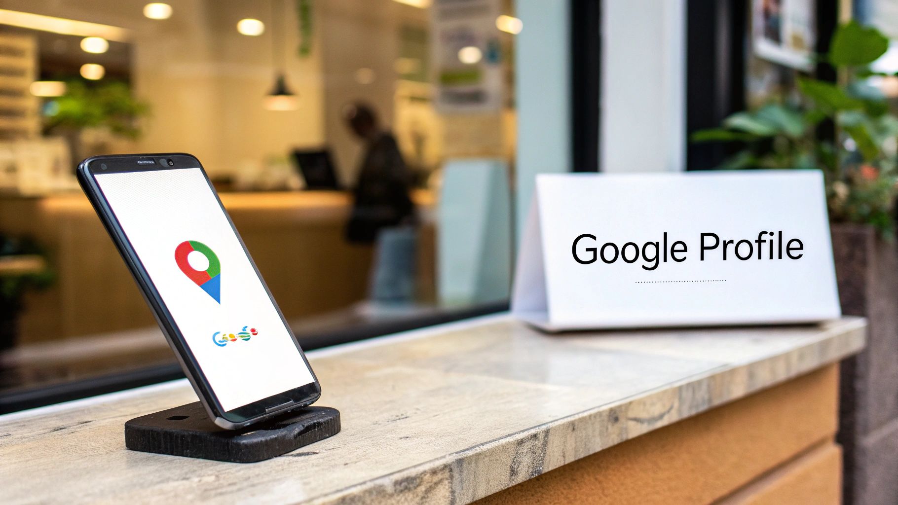 A smartphone displaying a Google pin icon and 'Google', next to a sign reading 'Google Profile' on a counter.