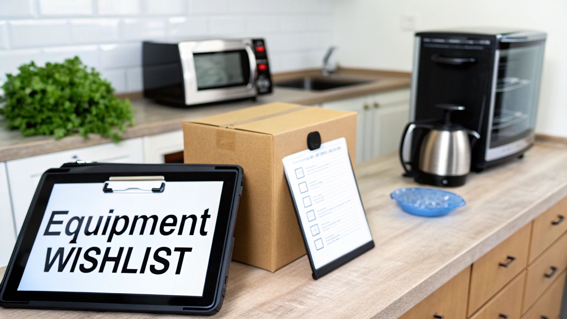 Kitchen counter displaying an 'Equipment WISHLIST' on a tablet, a box, and various appliances.