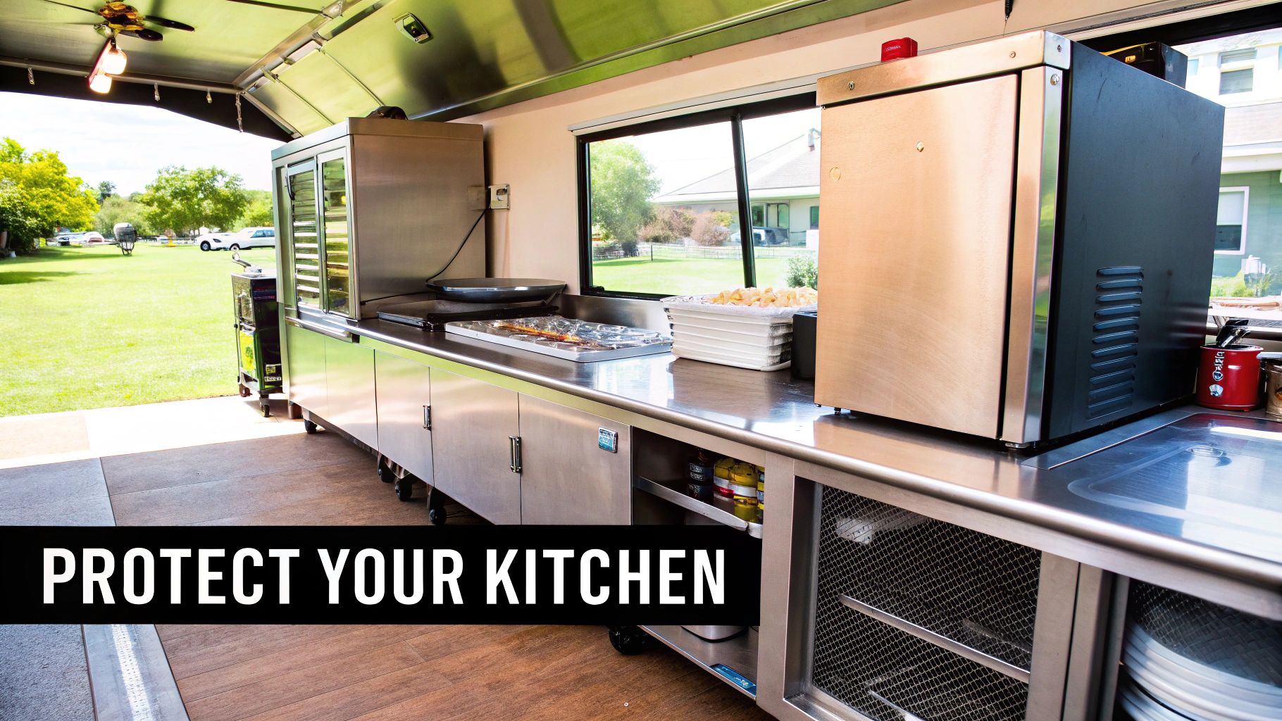 Interior of a food truck kitchen with stainless steel equipment, cooking area, and a large window.