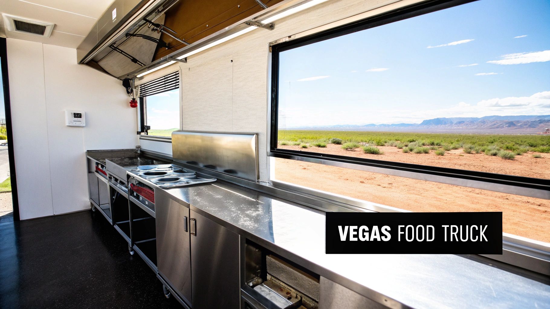 Interior view of a modern food truck kitchen with stainless steel equipment and a large window showcasing a desert landscape.