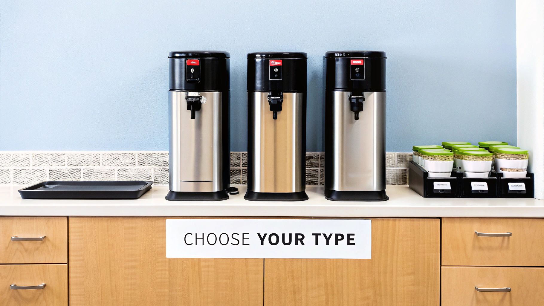 Three commercial hot water dispensers on a counter with coffee supplies and a 'Choose Your Type' sign.