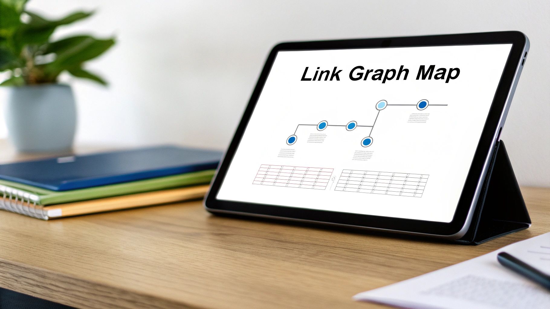 A tablet displaying a 'Link Graph Map' with blue nodes and tables, sitting on a wooden desk.