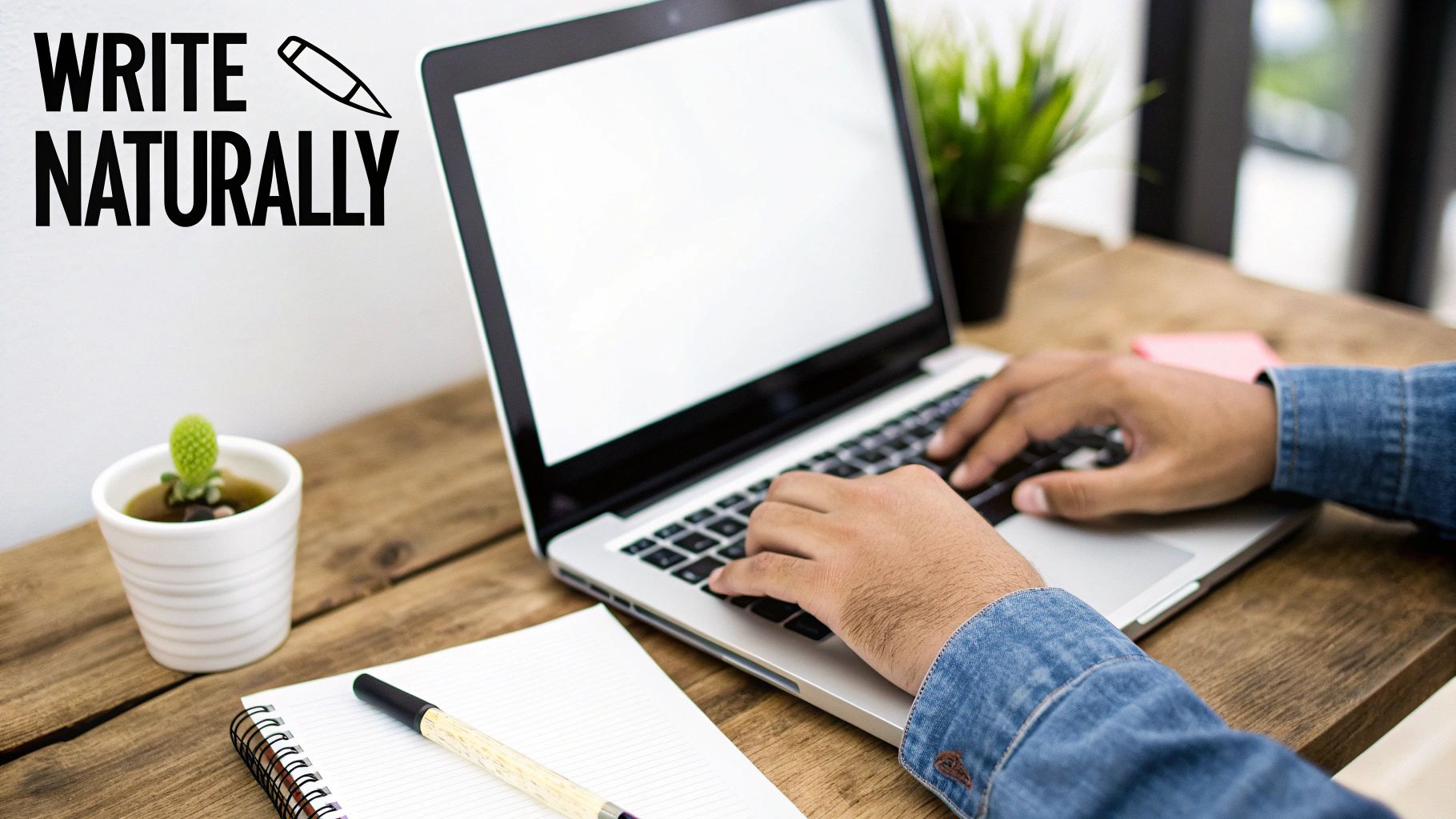 A person typing on a laptop with a notebook, pen, and plants on a wooden desk.
