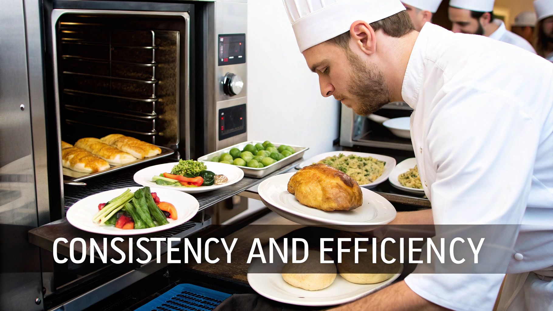A chef prepares multiple consistent meals, plating food from a combi oven in a busy kitchen.