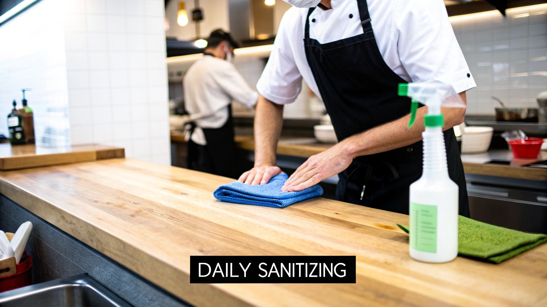 Chef in mask and uniform diligently sanitizes a wooden butcher block countertop in a commercial kitchen.