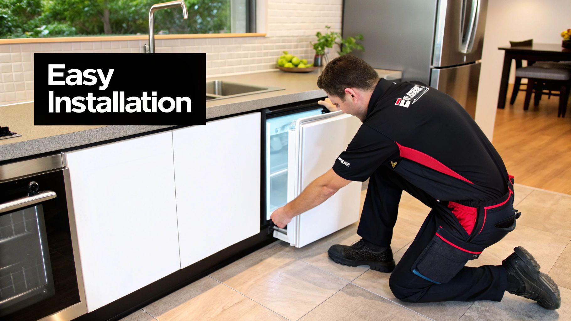 A chef using a well-organized undercounter refrigerator freezer combo, with toppings in the fridge and dough in the freezer.