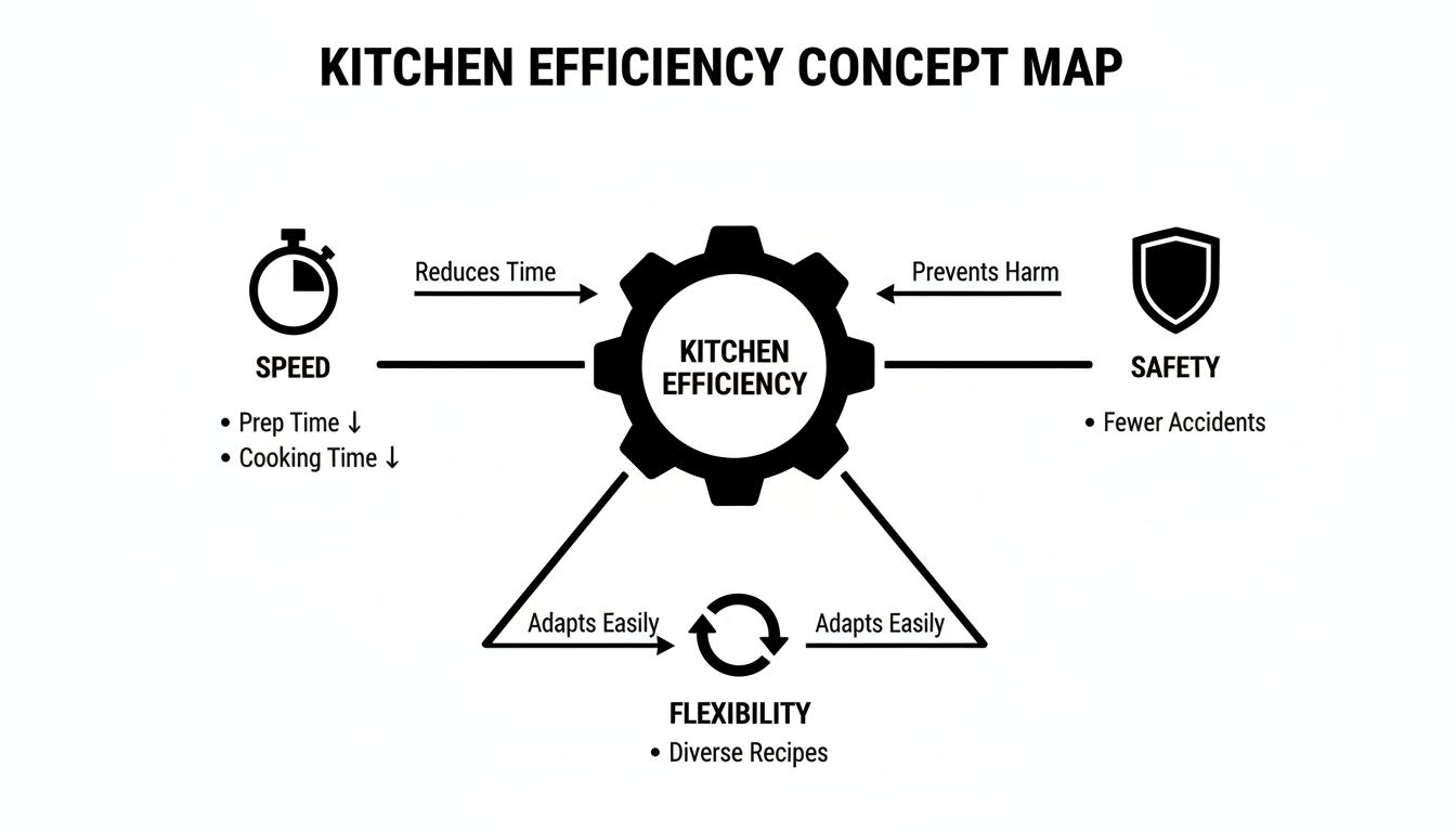 Concept map detailing kitchen efficiency, showing connections to speed, safety, and flexibility with their benefits.