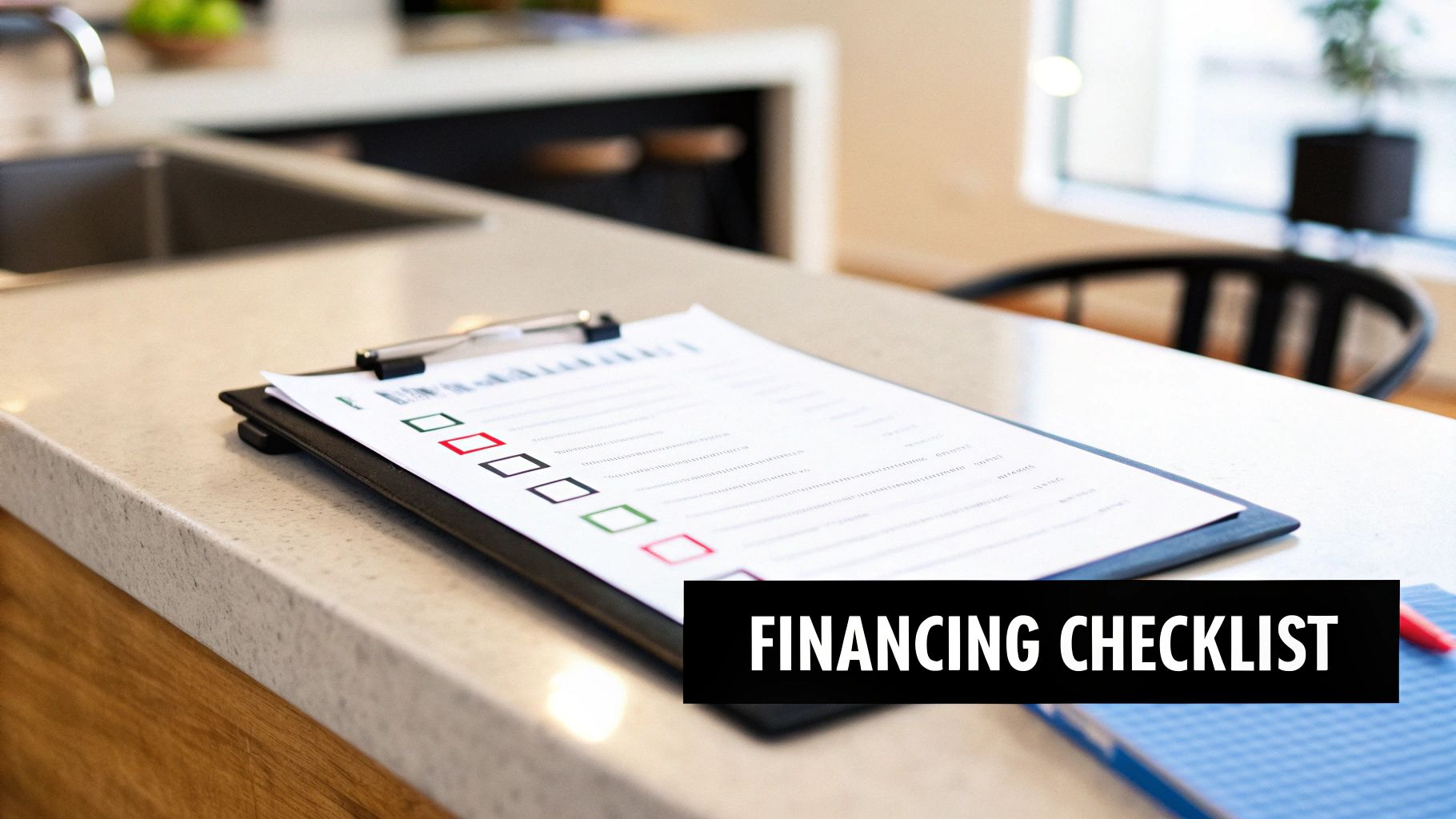 A financing checklist document on a clipboard with a pen, resting on a clean kitchen counter.